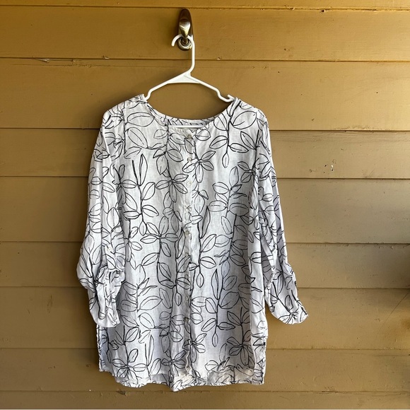 Cynthia Rowley White Leaf Print Linen Blouse Button Down Tunic 1X - Picture 1 of 4